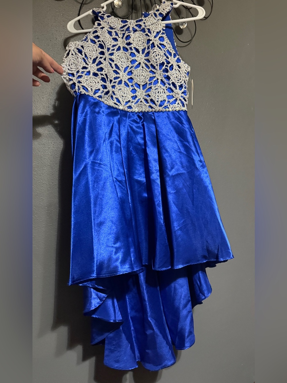 Speechless Royal Blue High-Low Dress with Silver Crochet Bodice